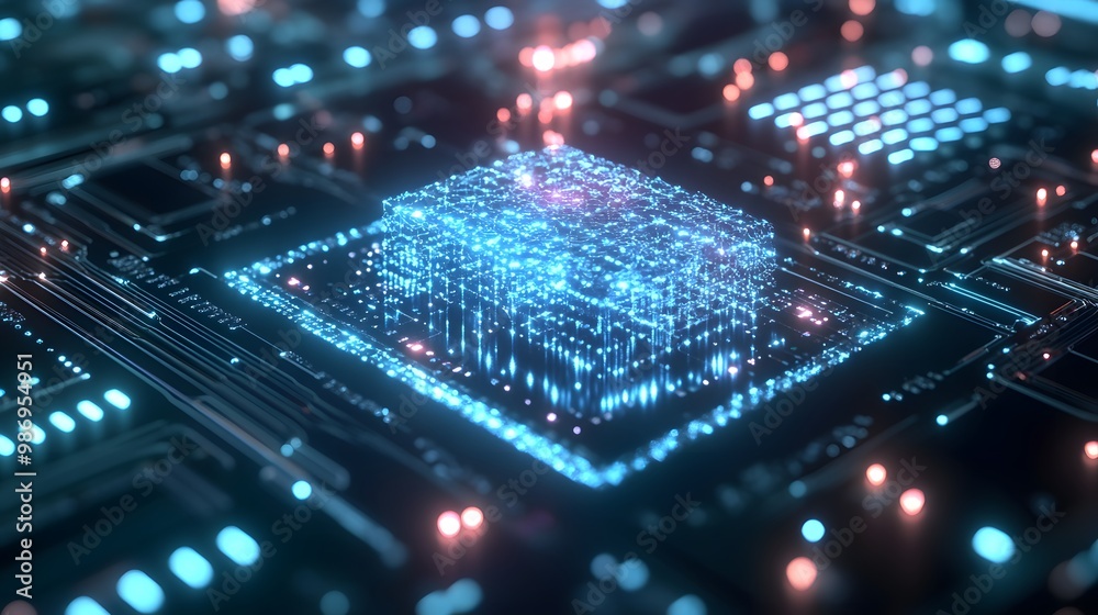 Fototapeta premium Neural circuit and electronic cyber brain in a quantum computing system, showcasing artificial intelligence technology, biotechnology integration, and machine learning.