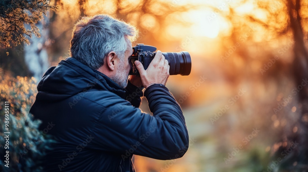 Grey-haired man holding a camera, capturing photos in a beautiful natural setting, focusing on his passion for photography. Grey-haired man holding a camera, capturing photos in a beautiful natural setting, focusing on his passion for photography.