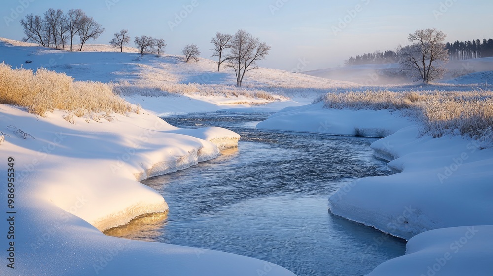 A breathtaking view of a secluded, untouched snow-covered landscape with rolling hills and a gently flowing river. The soft, early morning light casts a warm glow over the icy terrain, emphasizing