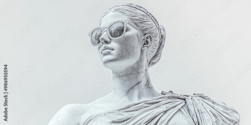 A modern sculpture of a woman wearing sunglasses, blending classical art with contemporary fashion elements. A modern sculpture of a woman wearing sunglasses, blending classical art with contemporary fashion elements.