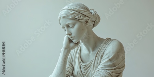 A serene statue of a woman,...