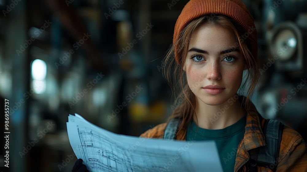 Young woman in a factory with blueprints, looking at the camera. Young woman in a factory with blueprints, looking at the camera.