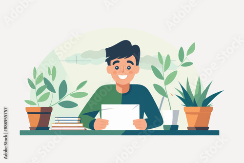 Happy man reading paper plants