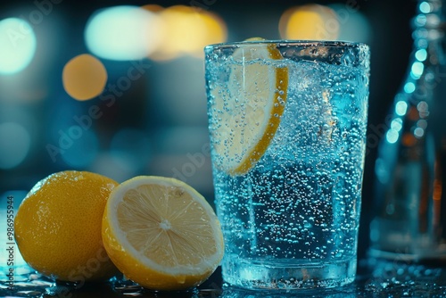 Refreshing Lemon-Infused Sparkling Water with Ice Cubes photo