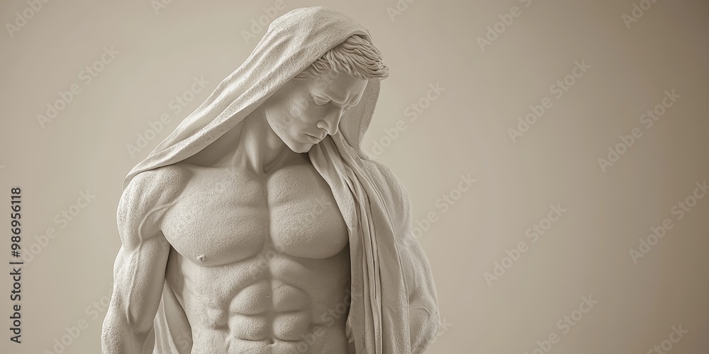 The Weight of Contemplation: A classical marble statue of a man, draped in fabric, exudes stoicism and introspection against a muted backdrop. The Weight of Contemplation: A classical marble statue of a man, draped in fabric, exudes stoicism and introspection against a muted backdrop.