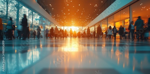 Blurred Background of People Walking in Shopping Center with Glass Windows and White Walls – Motion Blur of Business People and Office Workers, Warm Lighting, High-Resolution Photography

 photo