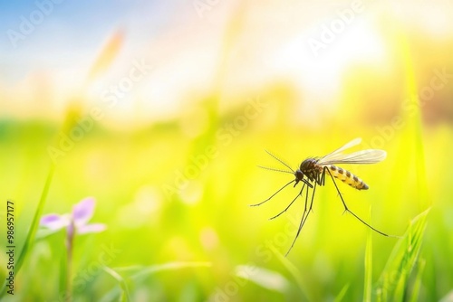 Mosquito flying over tall grass at dusk photo