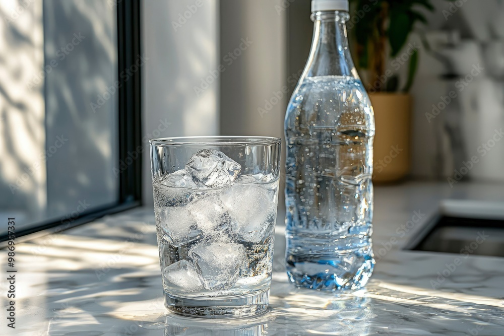 Glass of Water with Ice Cubes and a Bottle of Sparkling Water on a Marble Surface Glass of Water with Ice Cubes and a Bottle of Sparkling Water on a Marble Surface