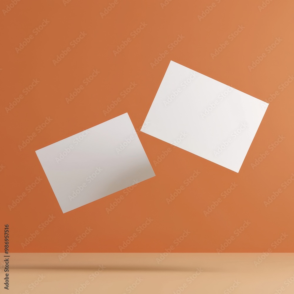 Two blank cards floating against a warm orange background, ideal for design mockups and creative projects. Two blank cards floating against a warm orange background, ideal for design mockups and creative projects.