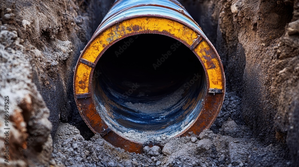 Large Yellow and Blue Metal Pipe in Ground Trench Large Yellow and Blue Metal Pipe in Ground Trench