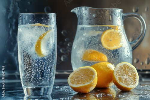 Refreshing Lemon Water with Slices and a Glass