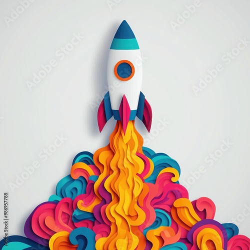 An artistic depiction of a colorful paper rocket launching, surrounded by vibrant, swirling hues of orange, pink, and blue.