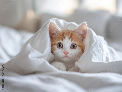 Kitten peeks from under blanket