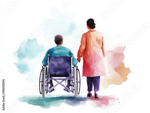 A touching scene of a caregiver holding the hand of an elderly person in a wheelchair, set against a soft watercolor background.