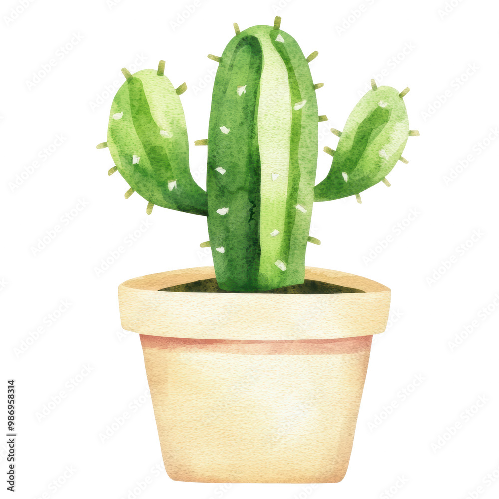 Green Cactus in Pot with Watercolor Styler on transparent Background Green Cactus in Pot with Watercolor Styler on transparent Background