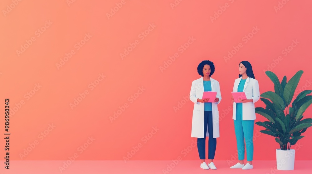 Two healthcare professionals in lab coats stand together, holding tablets, against a vibrant coral background, with a potted plant nearby. Two healthcare professionals in lab coats stand together, holding tablets, against a vibrant coral background, with a potted plant nearby.