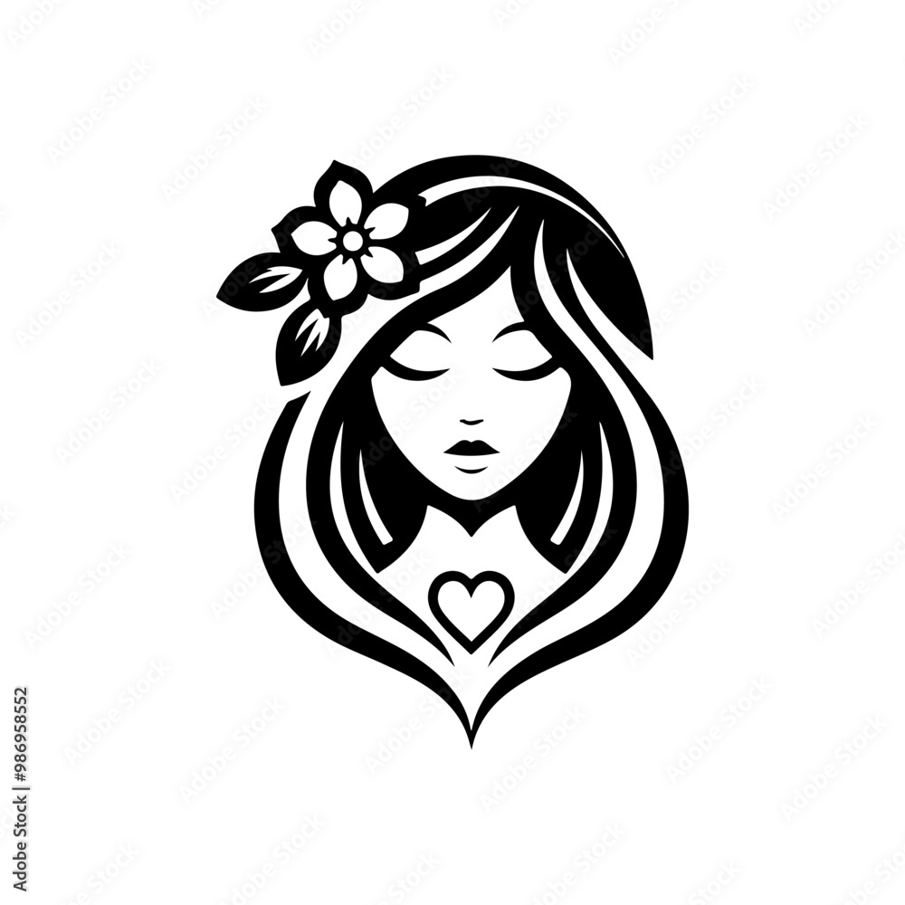Elegant Charm Black Logo with a Woman's Face Iconic Simplicity Vector Icon of Black Female Face. beautiful floral girl with love sign icon logo