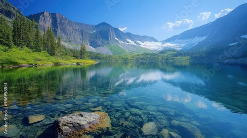 A breathtaking image of a remote, pristine glacier lake with clear waters and surrounded by rugged mountain terrain and dense forest. The cool blue hues of the ice and the serene reflection in the