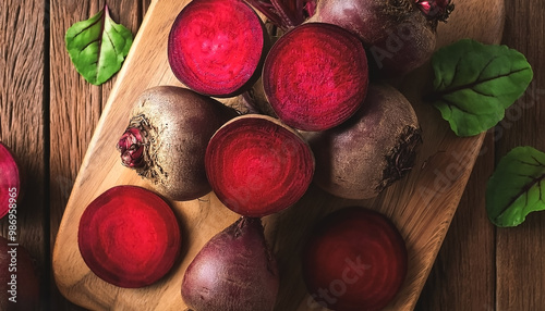 Red beetroot and beetroot cross sectoin in wooden cutting board isolated on wooden background. tropical concept background. photo