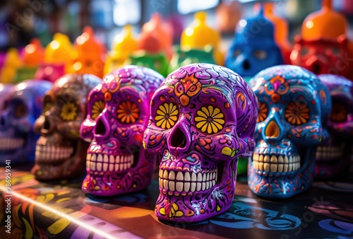 Colorful sugar skulls for sale in a souvenir shop in Mexico