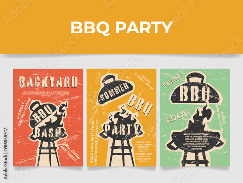 Colorful BBQ party banners for a summer backyard gathering showcasing grill icons and festive typography