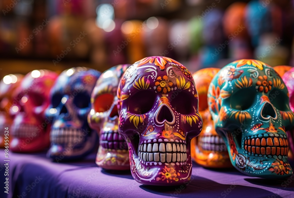 Colorful sugar skulls for sale in a souvenir shop in Mexico