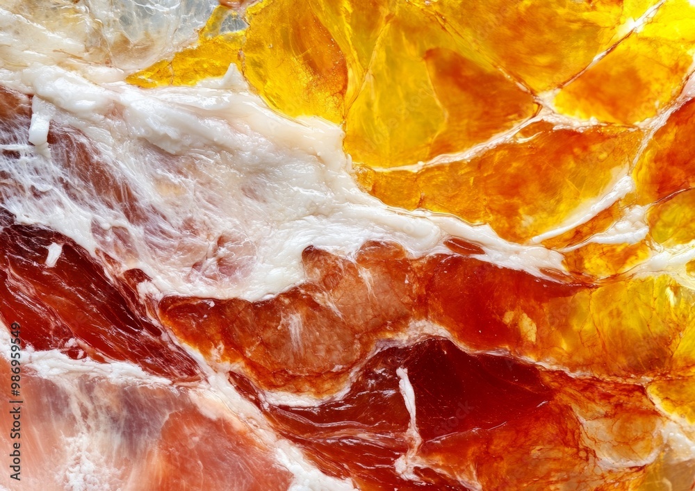 Obraz premium Close-Up of Cultured Meat with Melting Pattern Texture Features Appetizing and Artistic Intrigue