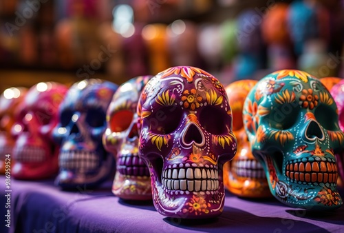 Colorful sugar skulls for sale in a souvenir shop in Mexico