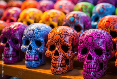 Colorful sugar skulls for sale in a souvenir shop in Mexico