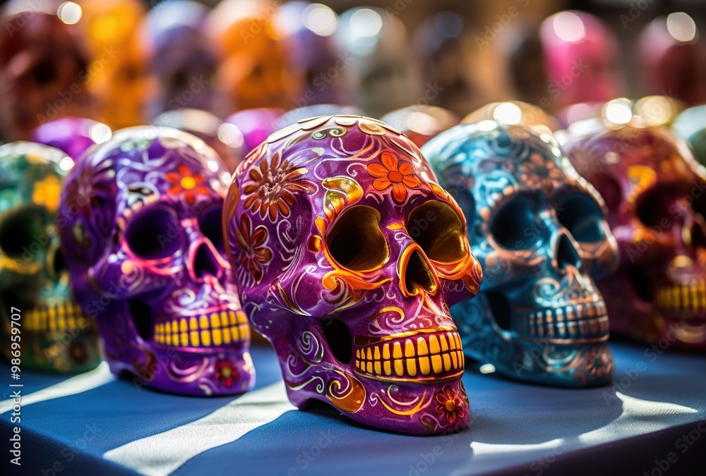 Fototapeta premium Colorful sugar skulls for sale in a souvenir shop in Mexico
