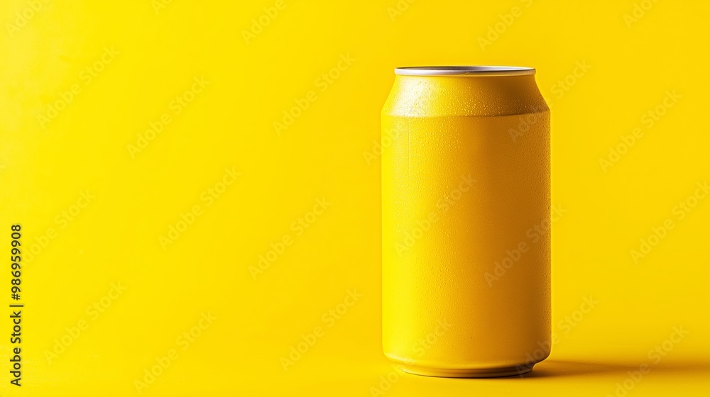 Can of soda is sitting on a yellow background. The can is half full and has condensation on the side. yellow beer can is positioned in a studio setting, highlighted as the hero of the image. Can of soda is sitting on a yellow background. The can is half full and has condensation on the side. yellow beer can is positioned in a studio setting, highlighted as the hero of the image.