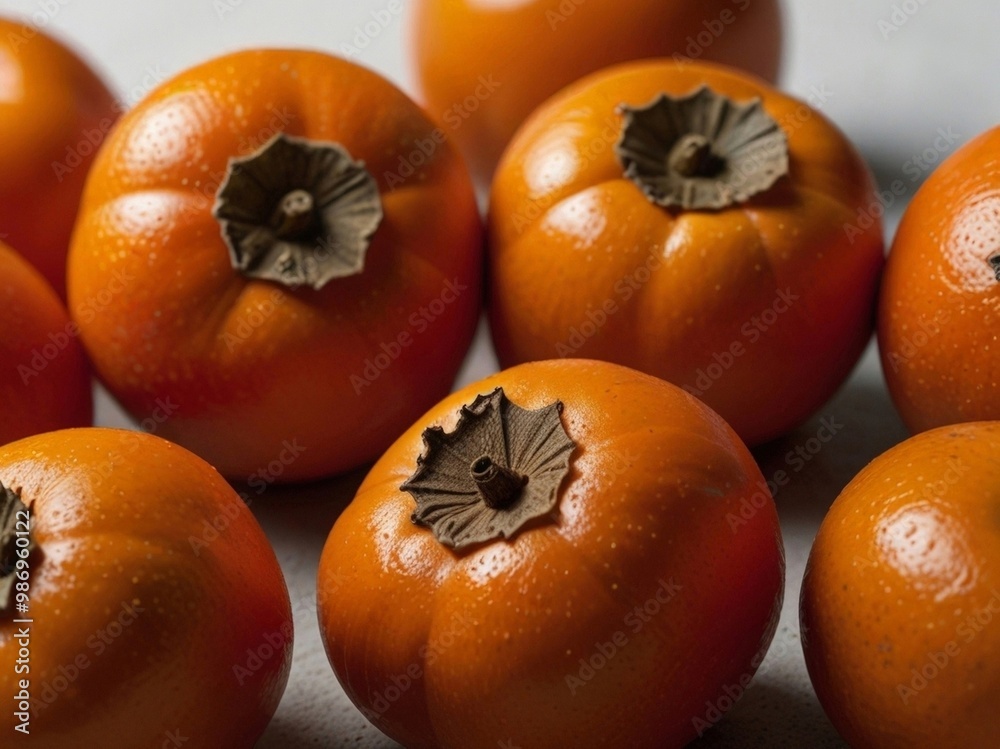 Shiny, mature persimmons rest against a neutral background. Shiny, mature persimmons rest against a neutral background.