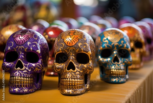 Traditional mexican sugar skulls on display in a market in Mexico