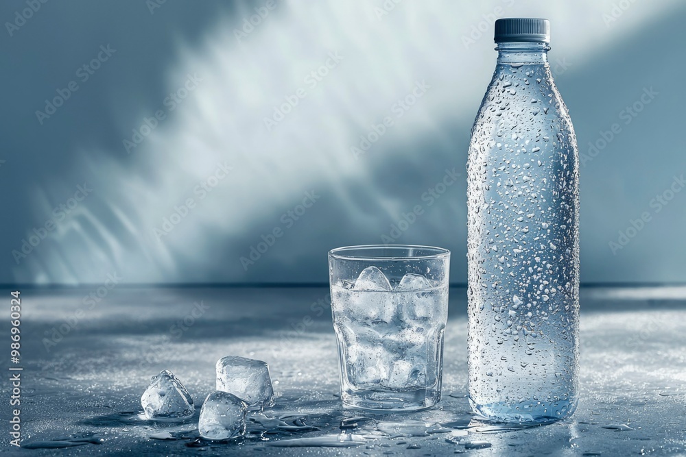Cold Water Bottle and Glass with Ice Cubes on a Table Cold Water Bottle and Glass with Ice Cubes on a Table