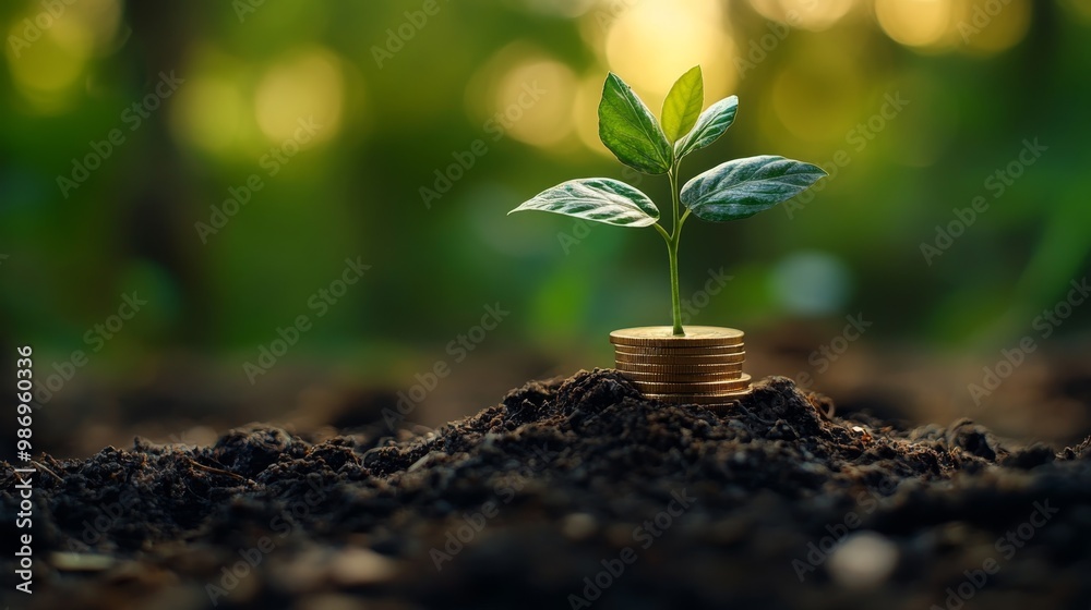 Plant Growing From Stack of Coins in Soil Plant Growing From Stack of Coins in Soil