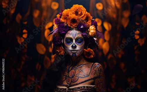 Day of the Dead sugar skull woman in traditional costume with flowers.