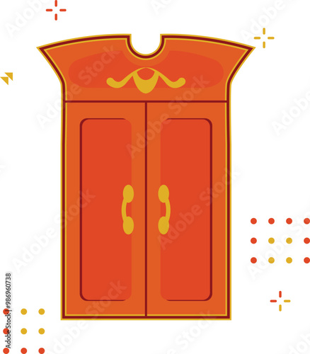 cartoon vector illustration of two wooden wardrobes, black isolated background, antique furniture, home interior decoration