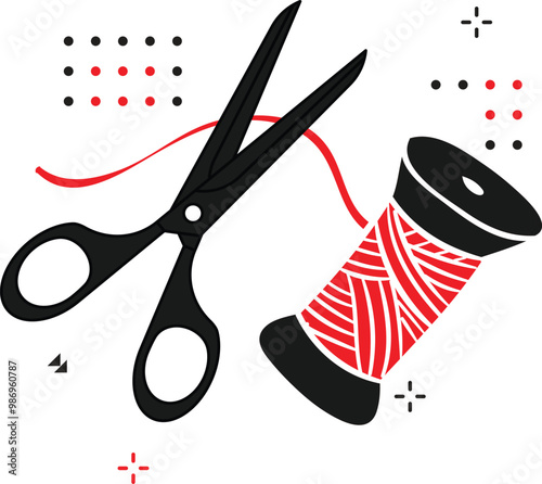 sewing kit. It contains several spools of thread of different colors, a pin cushion with needles stuck in it, scissors, buttons and a tape measure.