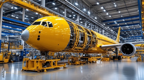 Yellow Aircraft Assembly in Modern Factory Setting