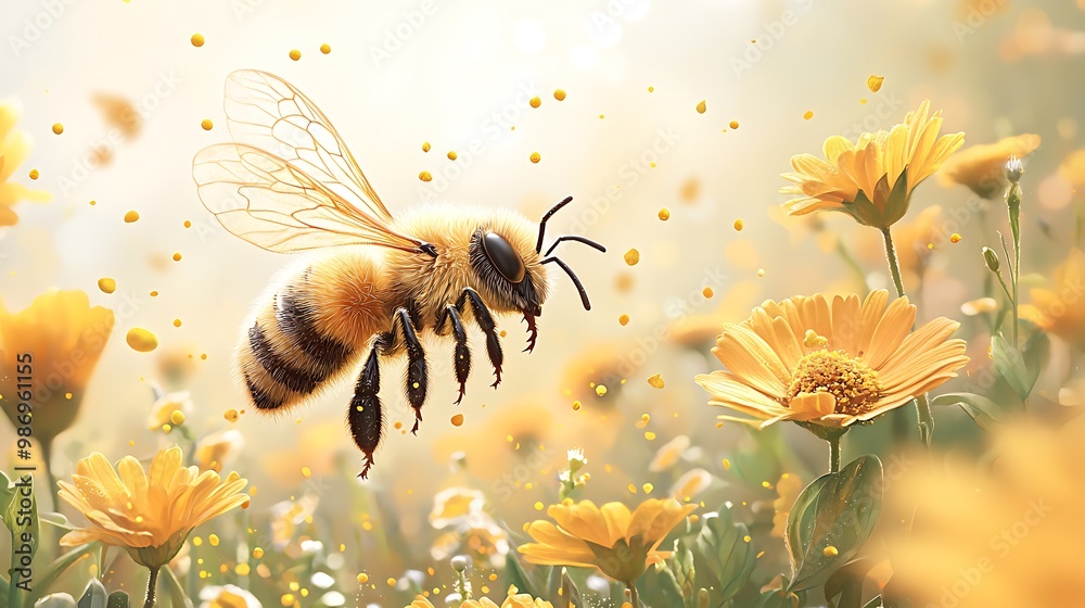 A bee hovers gracefully over yellow flowers, pollen dancing in the air. A bee hovers gracefully over yellow flowers, pollen dancing in the air.