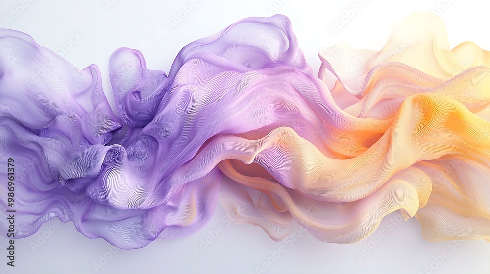 Waves of purple and yellow swirl across a white canvas, creating a mesmerizing abstract flow. Waves of purple and yellow swirl across a white canvas, creating a mesmerizing abstract flow.
