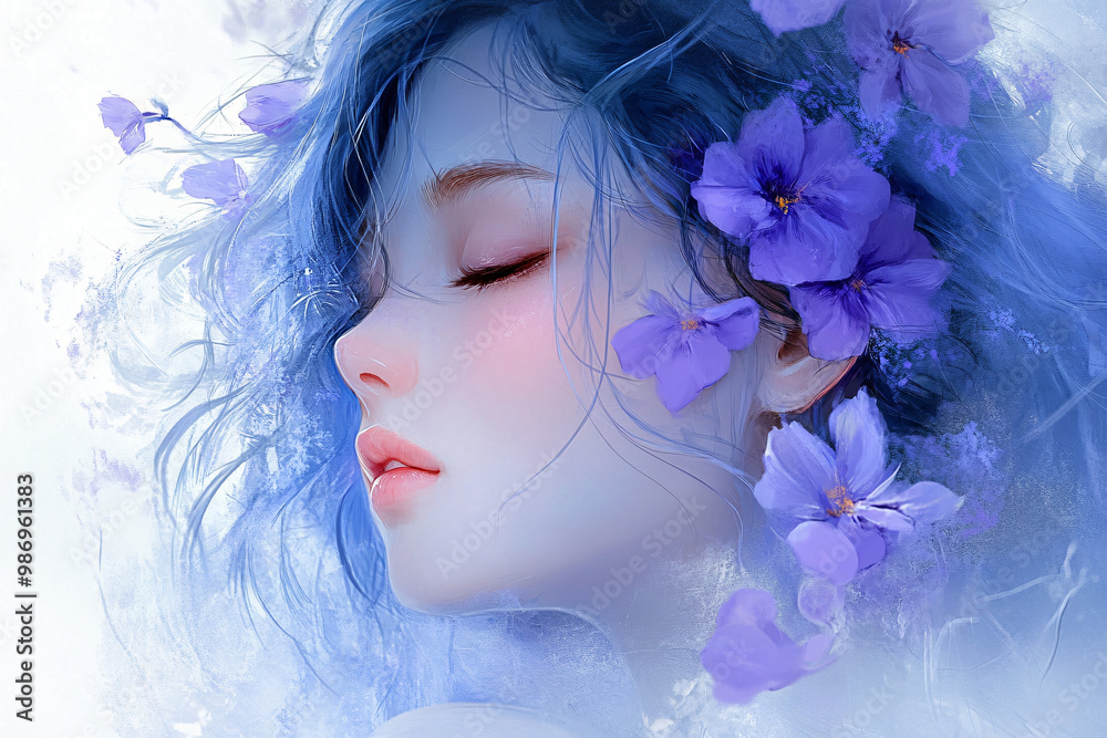 Blue Hair, Purple Flowers.