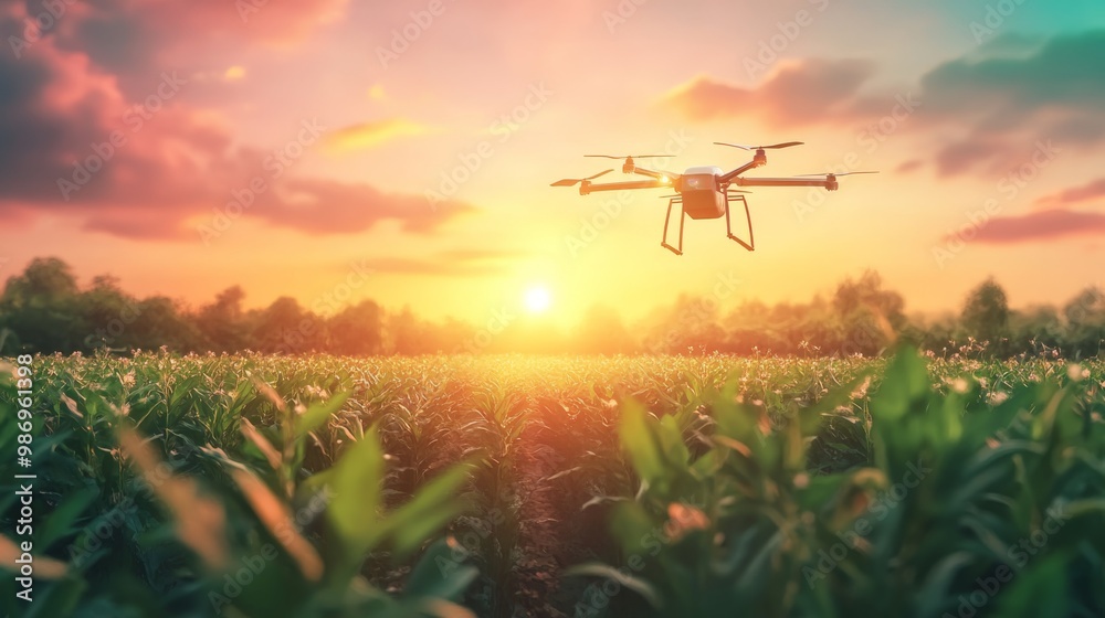 Drone flying over cornfield at sunset Drone flying over cornfield at sunset
