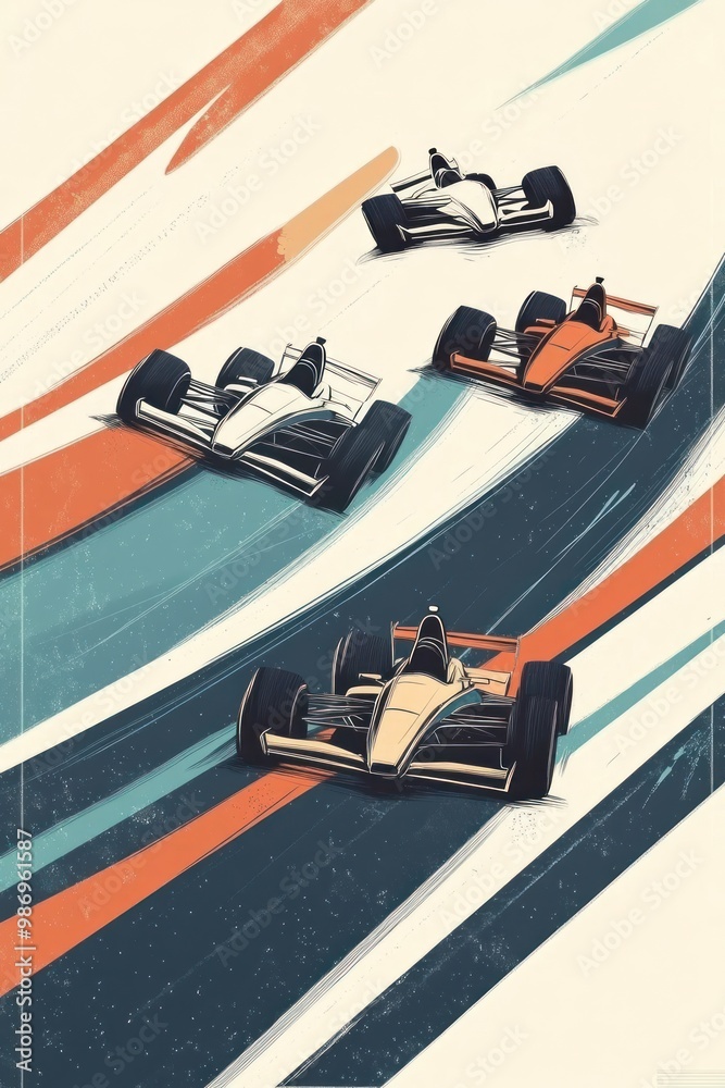 Retro Minimalist Poster of Four Formula One Cars Racing on Dynamic Tracks, High-Speed Motorsport Art Retro Minimalist Poster of Four Formula One Cars Racing on Dynamic Tracks, High-Speed Motorsport Art