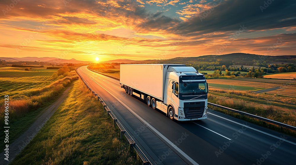 
Big White truck driving on the highway through countryside landscape at sunset