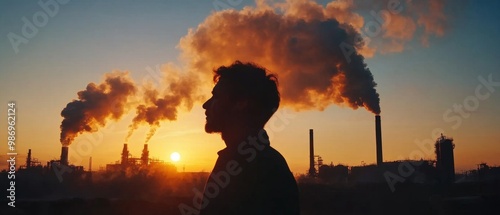 Industrial factory emitting thick smoke into the sky with a dramatic sunset behind symbolizing the urgent issue of pollution and environmental degradation photo