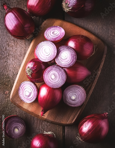 red onion in wooden cutting board isolated on wooden background