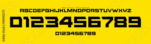 Bold angular font, futuristic edge numbers and letters, strong geometric structure alphabet for sports branding, jersey numbers, team merchandise. Vector typeset