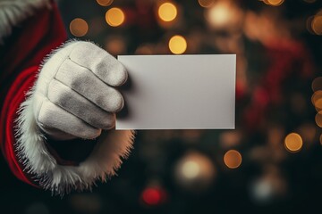 Person is holding a blank card. The card is white and has a red border. The person is wearing a red and white outfit. Close-up of Santa Claus's hand holding a blank white postcard