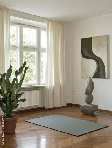 Serene Minimalist Living Room with Meditation Mat, Houseplants, and Natural Light photo